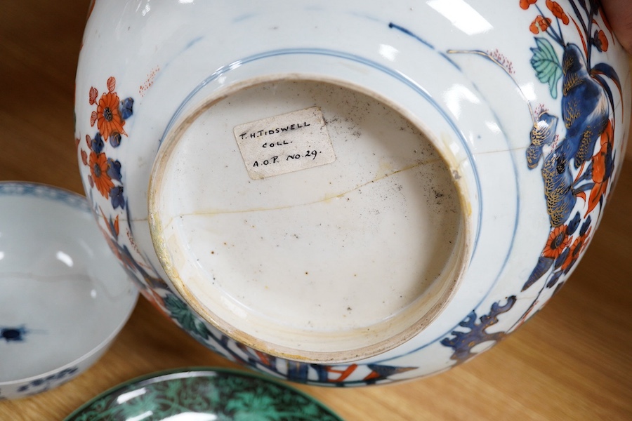 Chinese porcelain to include a famille noire dish and Imari bowl together with an 18th century English blue and white slop bowl, largest 27cm in diameter. Condition - varies